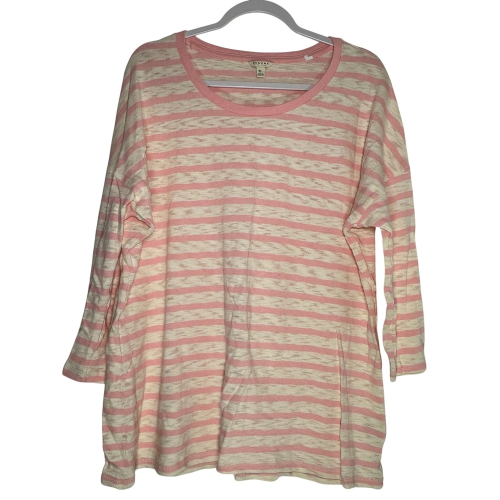 Sonoma Life + Style Womens XL Pink Cream Striped 100% Cotton Long Sleeve Top